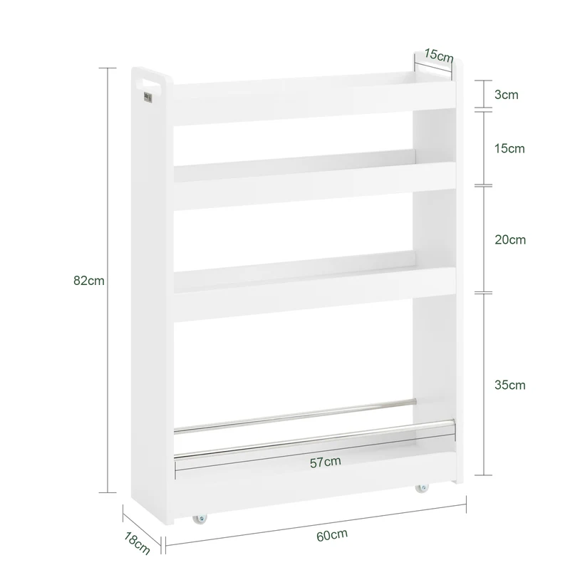 SoBuy NSR01-W Chariot de Rangement avec Roues et 4 Niveaux, Format Compact, Rangement Optimisé, Design Fonctionnel, Usage Quotidien – L60×P18×H82 cm, Blanc