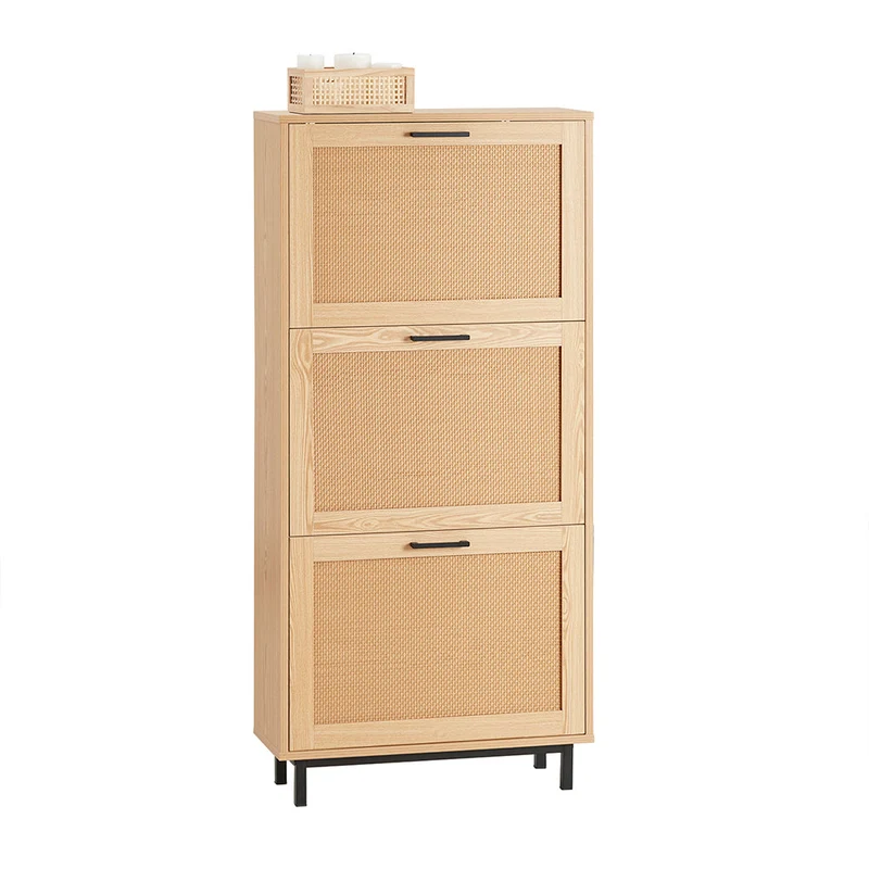 SoBuy FSR155-N Armoire à Chaussures 3 Abattants Effet Cannage Rotin, Meuble d'Entrée Design – Naturel