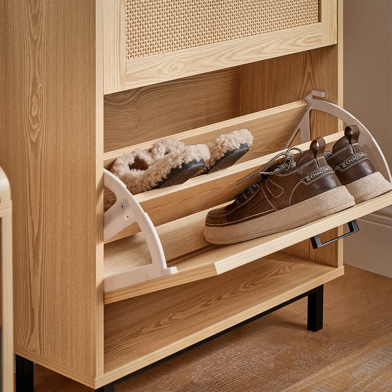 SoBuy FSR155-N Armoire à Chaussures 3 Abattants Effet Cannage Rotin, Meuble d'Entrée Design – Naturel