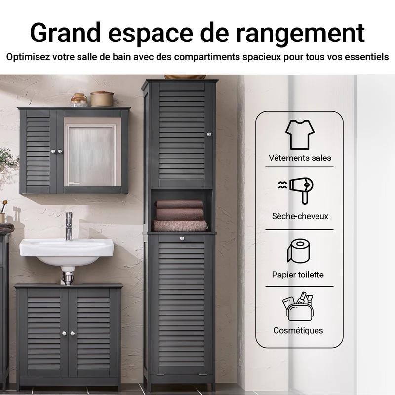 SoBuy BZR124-DG Meuble Colonne avec Panier à Linge – Armoire de Salle de Bain Rangement Étroit Étagère de Salle de Bain Petit Meuble WC Placard Gris 40x170x38 cm