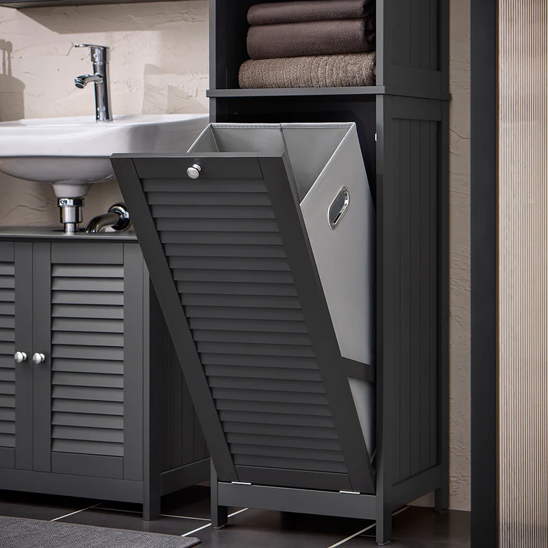 SoBuy BZR124-DG Meuble Colonne avec Panier à Linge – Armoire de Salle de Bain Rangement Étroit Étagère de Salle de Bain Petit Meuble WC Placard Gris 40x170x38 cm