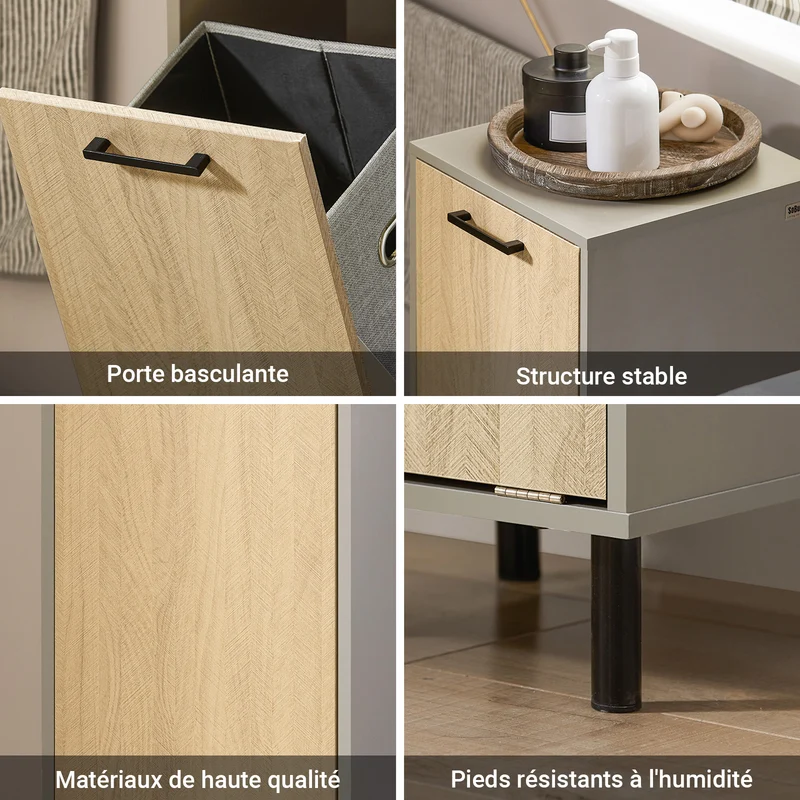 SoBuy BZR132-NG Meuble de Salle de Bain avec Panier à Linge – 31,5 cm, Pieds en Métal, Anti-Basculement, Gris Naturel