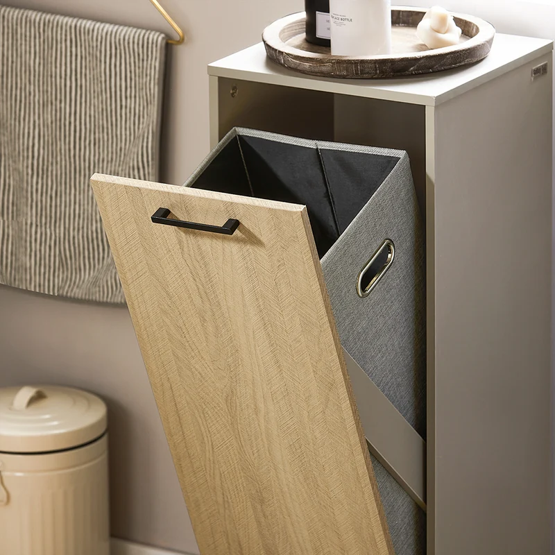 SoBuy BZR132-NG Meuble de Salle de Bain avec Panier à Linge – 31,5 cm, Pieds en Métal, Anti-Basculement, Gris Naturel