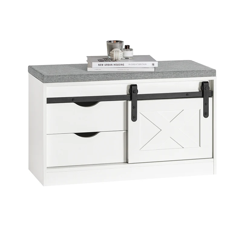 SoBuy FSR153-W Banc à Chaussures avec Coussin Rembourré et Porte de Grange Coulissante pour Entrée – 80x30x49 cm, Blanc