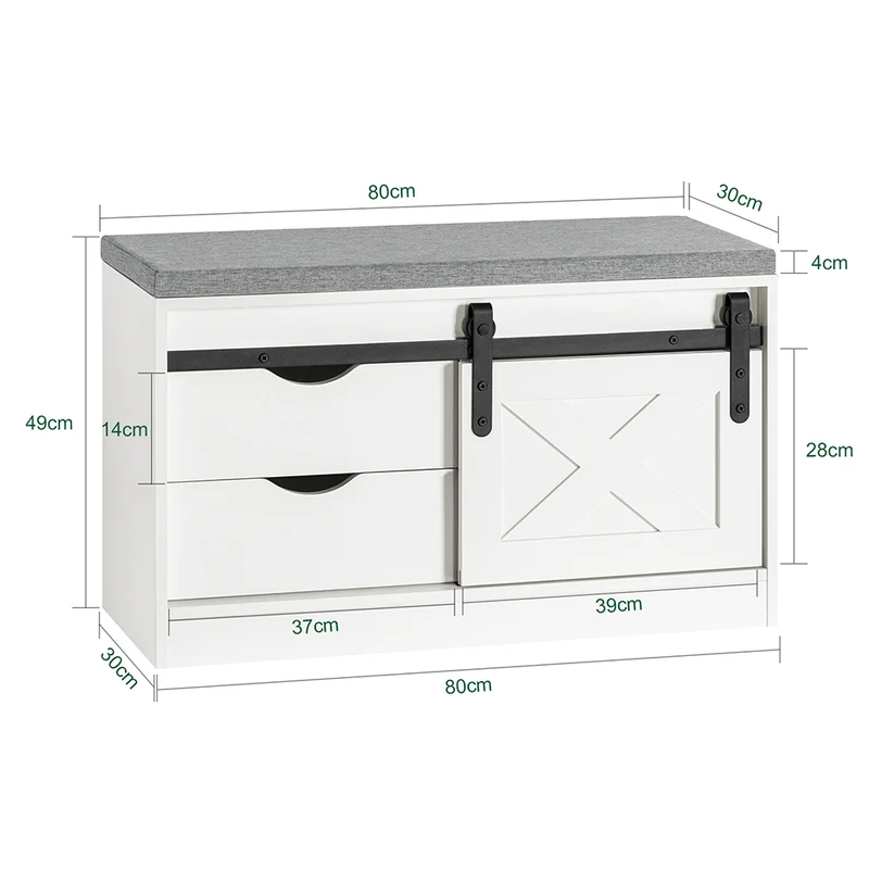 SoBuy FSR153-W Banc à Chaussures avec Coussin Rembourré et Porte de Grange Coulissante pour Entrée – 80x30x49 cm, Blanc