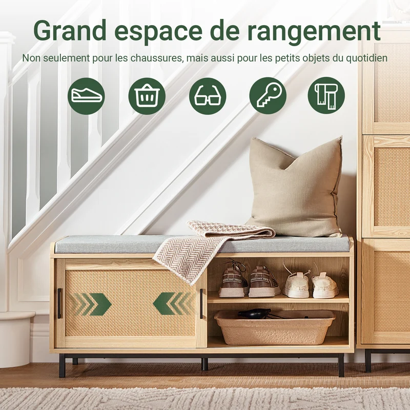 SoBuy FSR154-N Banc à Chaussures avec Coussin Rembourré, 2 Portes Coulissantes Façade Rotin Tissé pour Entrée – 110x40x49 cm, Naturel