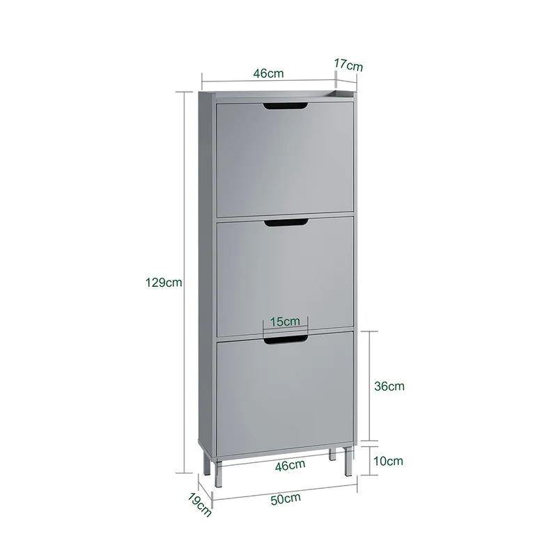 SoBuy FSR151-H-HG Armoire à Chaussures 3 Abattants Ultra-Slim 19cm, Rangement Compact pour Entrée Couloir – 50x19x129 cm, Gris