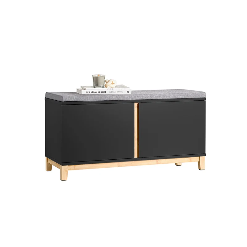 SoBuy FSR117-SCH Banc à Chaussures avec Coussin Rembourré et 2 Portes, Meuble d'Entrée – 90x34x46 cm, Noir