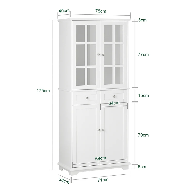 SoBuy FSB76-W Buffet Haut avec 2 Portes Vitrées, 2 Portes et 2 Tiroirs – L75×P40×H175 cm, Charge 100 kg, MDF E1, Blanc