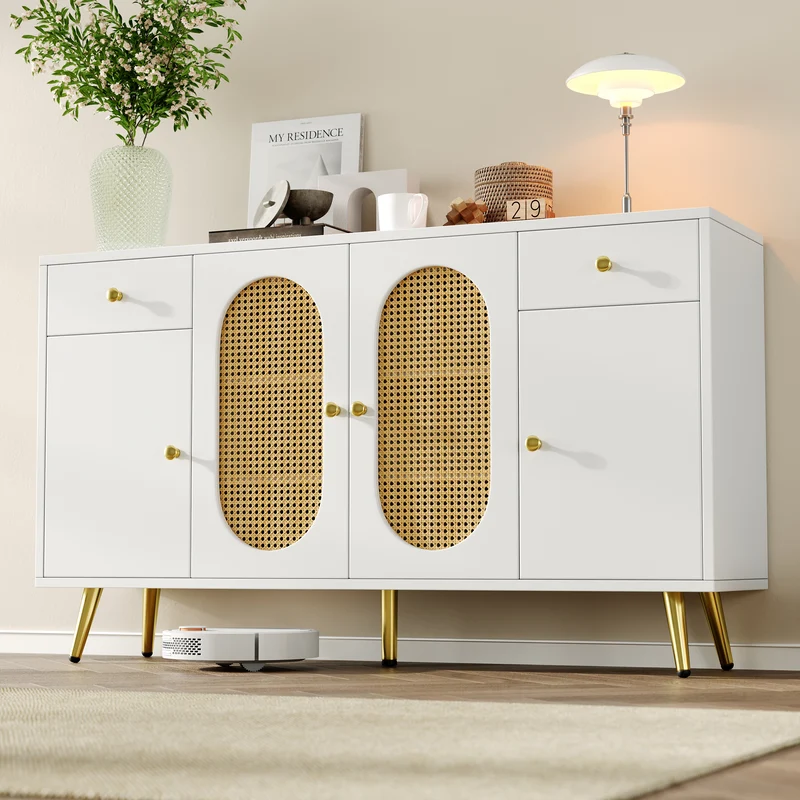 Buffet blanc rotin 2 tiroirs 4 portes 140x35x82cm HALOORA