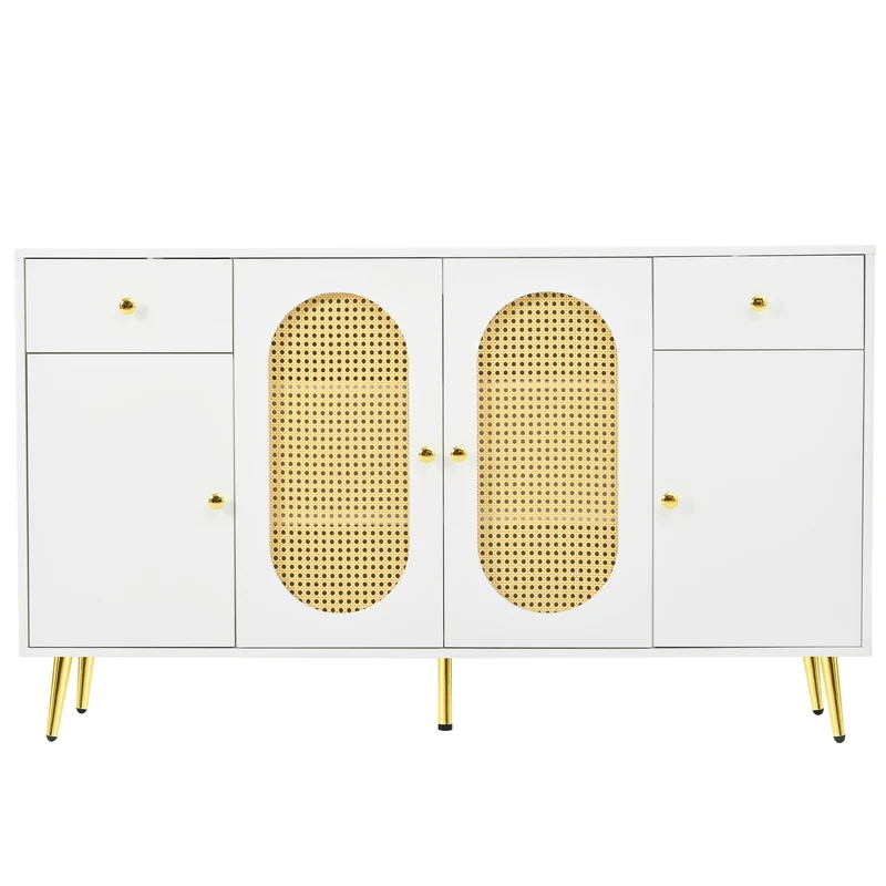 Buffet blanc rotin 2 tiroirs 4 portes 140x35x82cm HALOORA