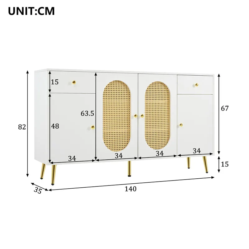Buffet blanc rotin 2 tiroirs 4 portes 140x35x82cm HALOORA