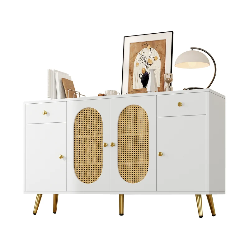 Buffet blanc rotin 2 tiroirs 4 portes 140x35x82cm HALOORA