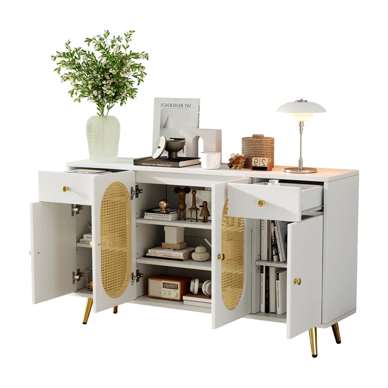 Buffet blanc rotin 2 tiroirs 4 portes 140x35x82cm HALOORA
