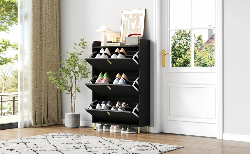 Meuble à chaussures noir design rayures 3 abattants 80x23,5x123,5cm LYRICYN