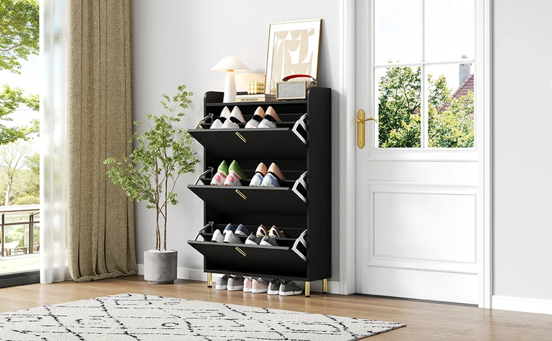 Meuble à chaussures noir design rayures 3 abattants 80x23,5x123,5cm LYRICYN