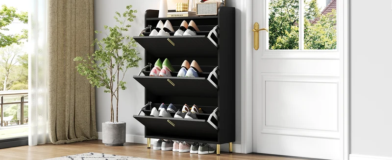 Meuble à chaussures noir design rayures 3 abattants 80x23,5x123,5cm LYRICYN