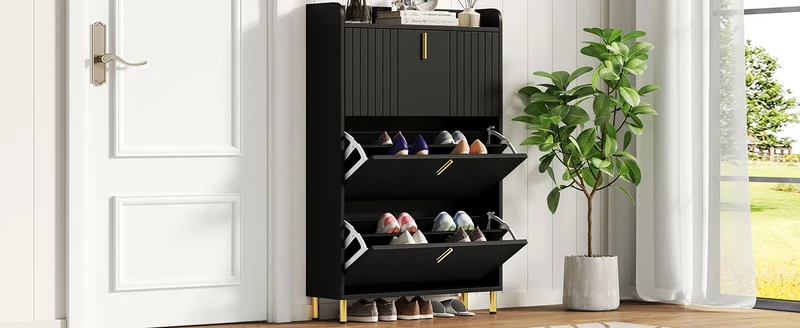 Meuble à chaussures noir design rayures 3 abattants 80x23,5x123,5cm LYRICYN