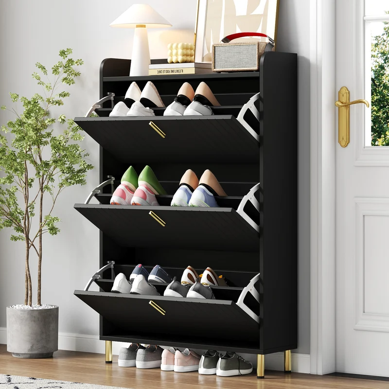 Meuble à chaussures noir design rayures 3 abattants 80x23,5x123,5cm LYRICYN