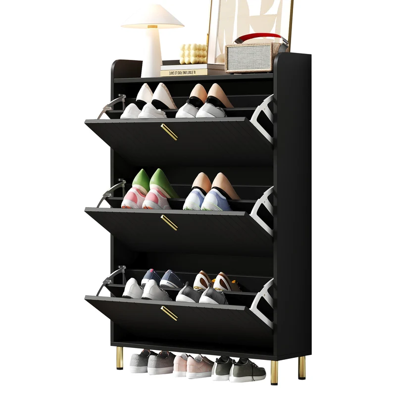 Meuble à chaussures noir design rayures 3 abattants 80x23,5x123,5cm LYRICYN
