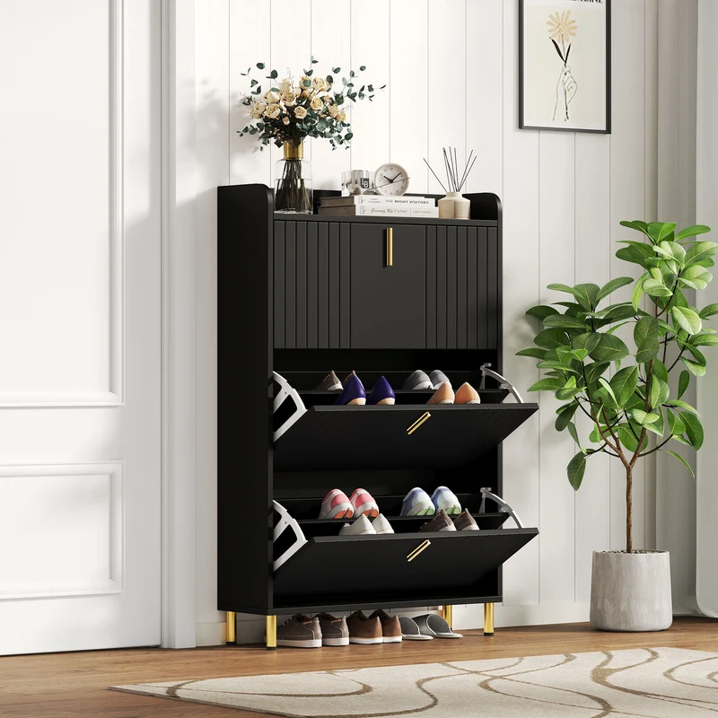 Meuble à chaussures noir design rayures 3 abattants 80x23,5x123,5cm LYRICYN
