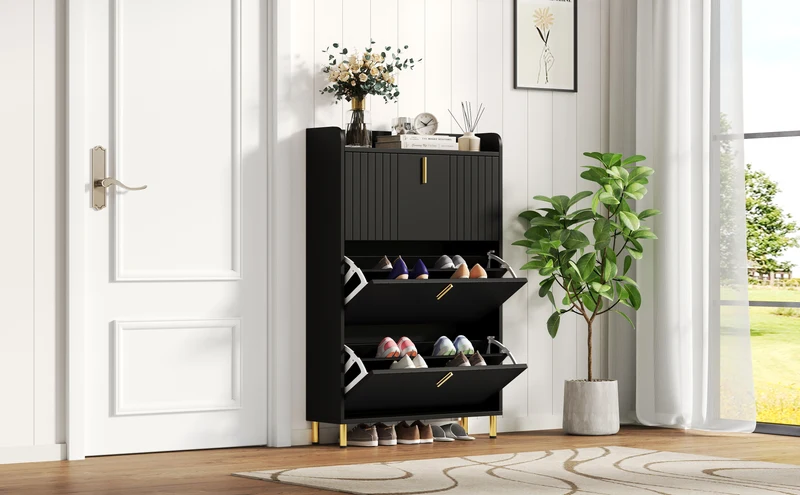 Meuble à chaussures noir design rayures 3 abattants 80x23,5x123,5cm LYRICYN