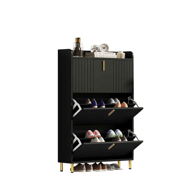 Meuble à chaussures noir design rayures 3 abattants 80x23,5x123,5cm LYRICYN
