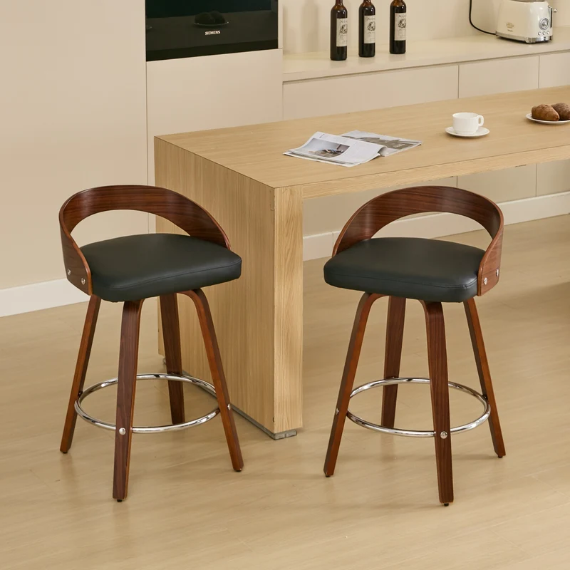Lot de 2 tabourets de bar style vintage PU noir, dossier arrondi, pivotant et repose pied, 63 cm PINNACLEESIA