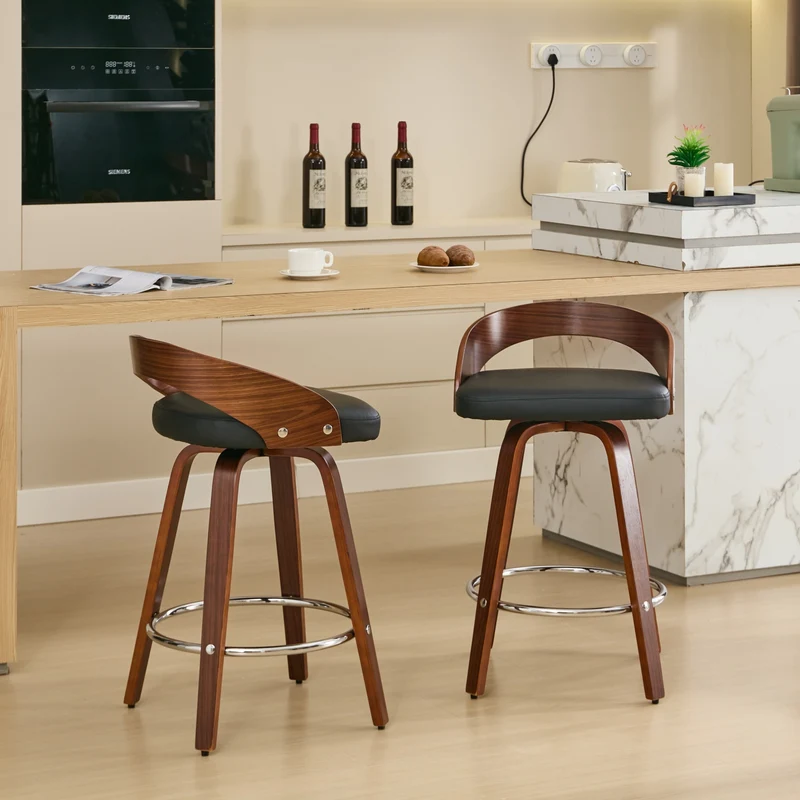 Lot de 2 tabourets de bar style vintage PU noir, dossier arrondi, pivotant et repose pied, 63 cm PINNACLEESIA
