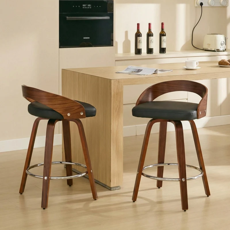 Lot de 2 tabourets de bar style vintage PU noir, dossier arrondi, pivotant et repose pied, 63 cm PINNACLEESIA