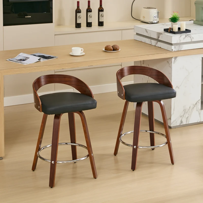 Lot de 2 tabourets de bar style vintage PU noir, dossier arrondi, pivotant et repose pied, 63 cm PINNACLEESIA