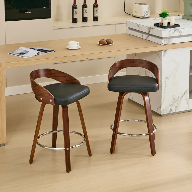 Lot de 2 tabourets de bar style vintage PU noir, dossier arrondi, pivotant et repose pied, 63 cm PINNACLEESIA