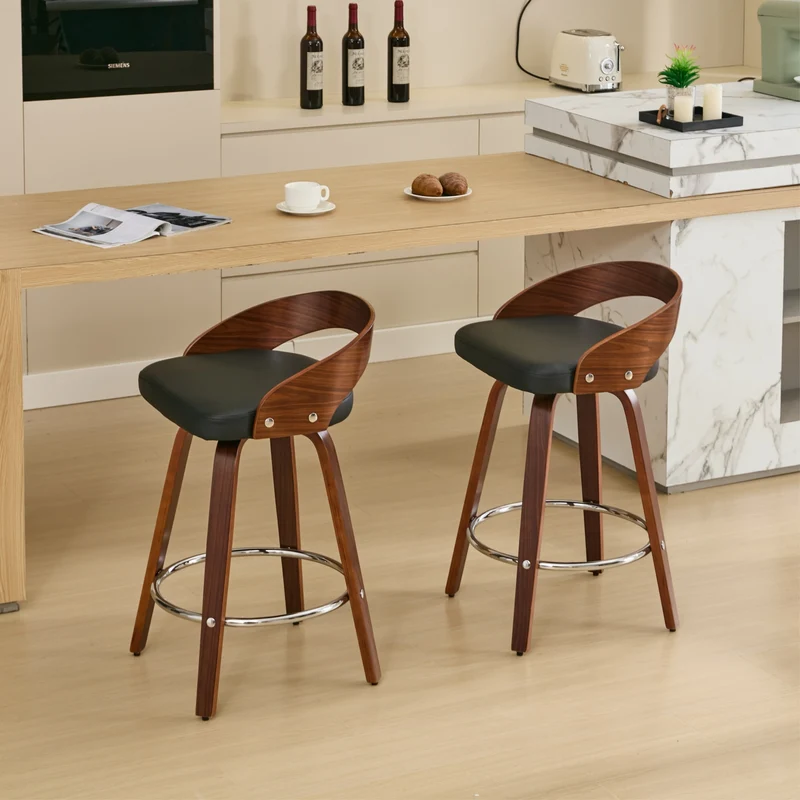 Lot de 2 tabourets de bar style vintage PU noir, dossier arrondi, pivotant et repose pied, 63 cm PINNACLEESIA