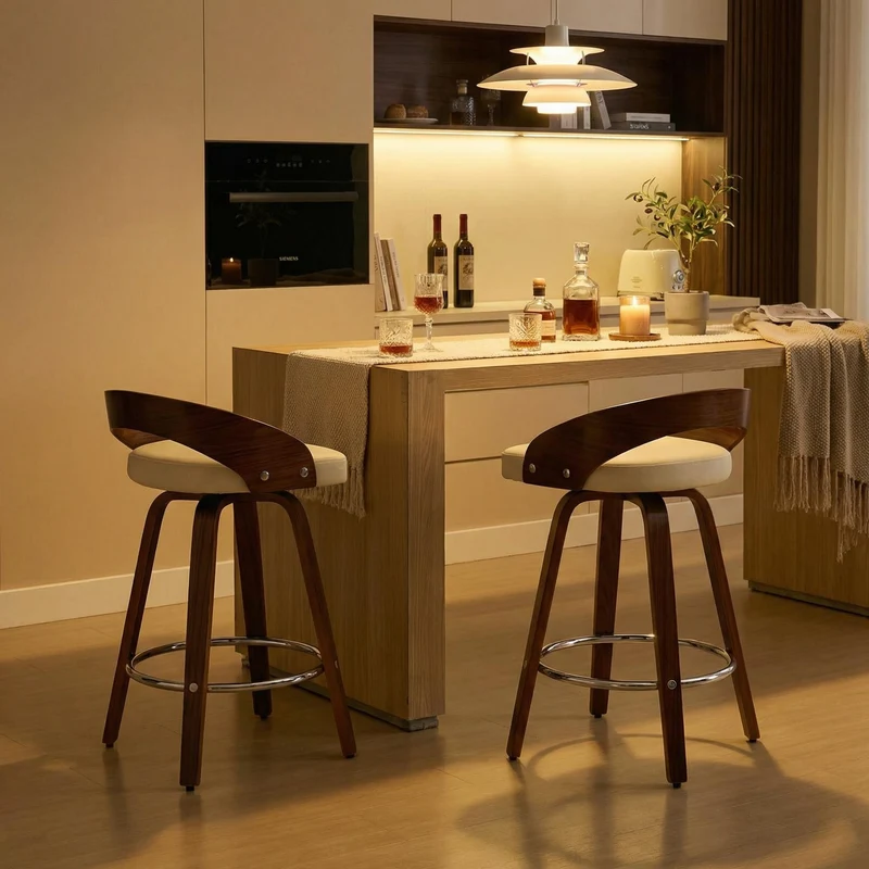 Lot de 2 tabourets de bar style vintage PU blanc crème, dossier arrondi, pivotant et repose pied H63cm QUANTAIV