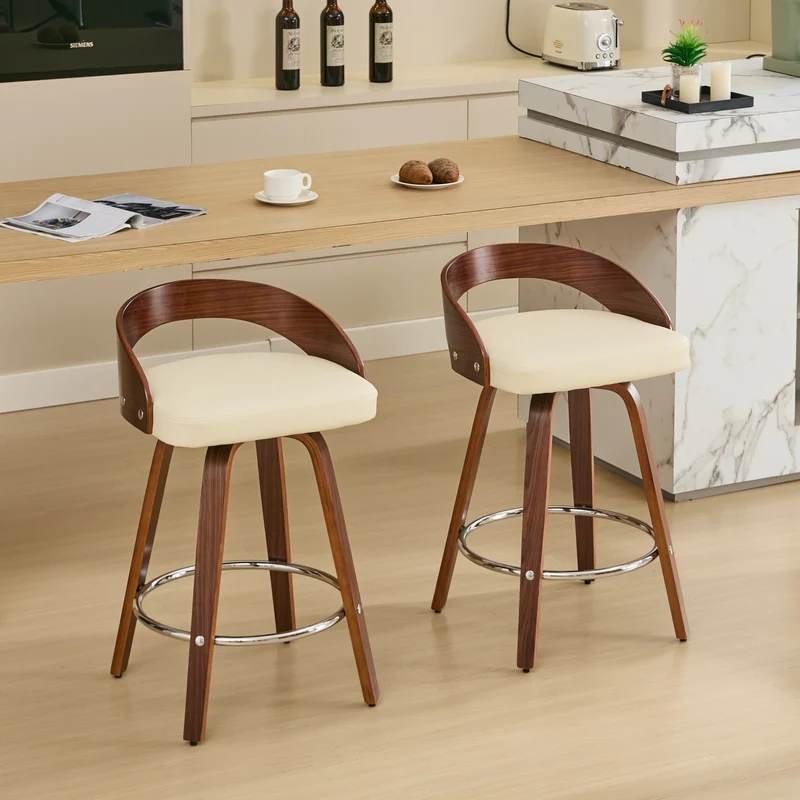 Lot de 2 tabourets de bar style vintage PU blanc crème, dossier arrondi, pivotant et repose pied H63cm QUANTAIV