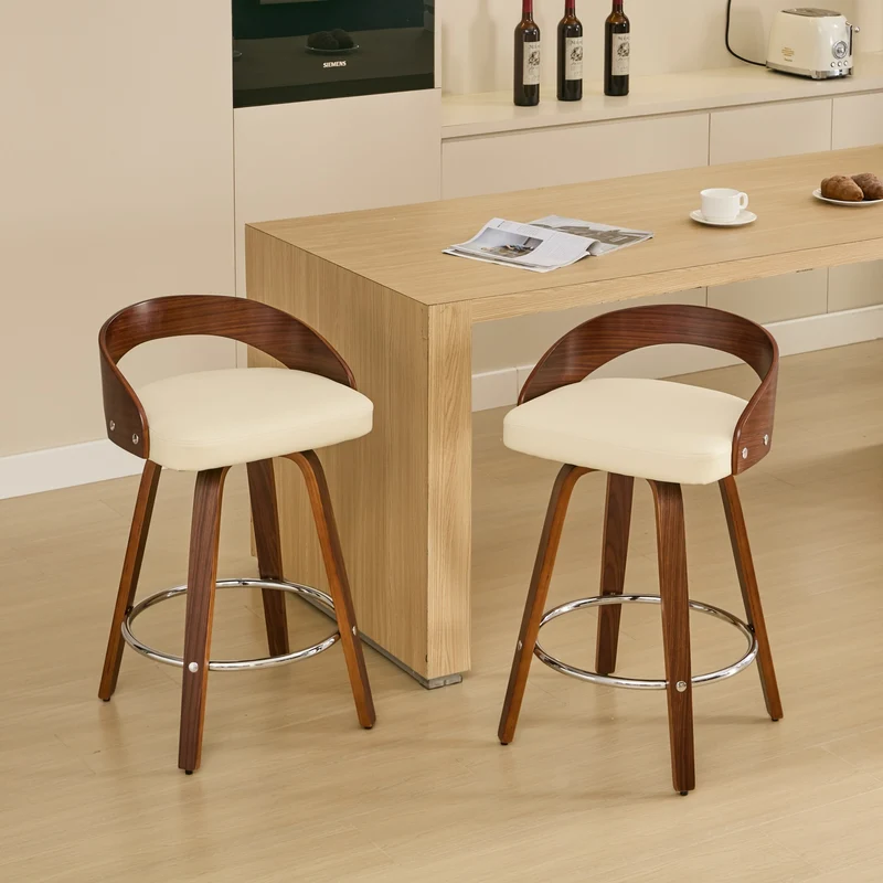 Lot de 2 tabourets de bar style vintage PU blanc crème, dossier arrondi, pivotant et repose pied H63cm QUANTAIV