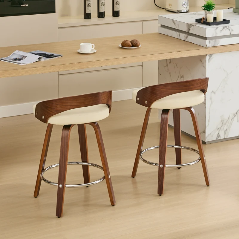 Lot de 2 tabourets de bar style vintage PU blanc crème, dossier arrondi, pivotant et repose pied H63cm QUANTAIV