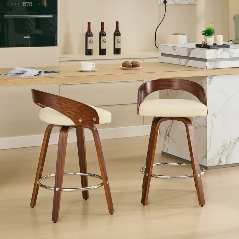 Lot de 2 tabourets de bar style vintage PU blanc crème, dossier arrondi, pivotant et repose pied H63cm QUANTAIV