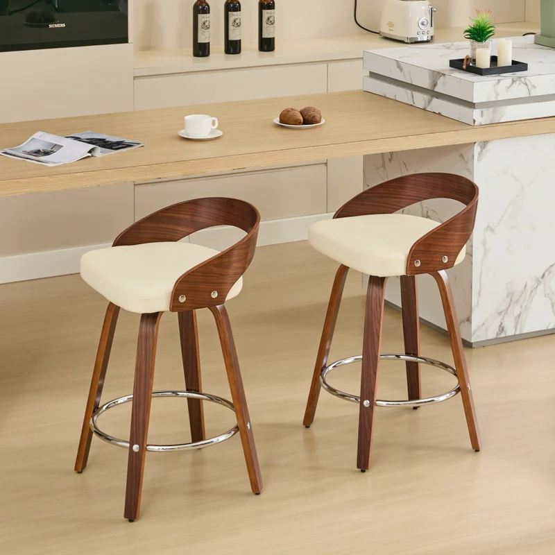 Lot de 2 tabourets de bar style vintage PU blanc crème, dossier arrondi, pivotant et repose pied H63cm QUANTAIV