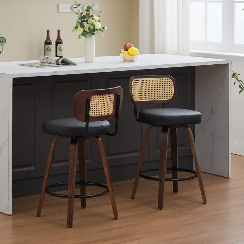 Lot de 2 tabourets de bar style vintage PU noir, dossier en rotin, pivotant et repose pied VIVIDIX