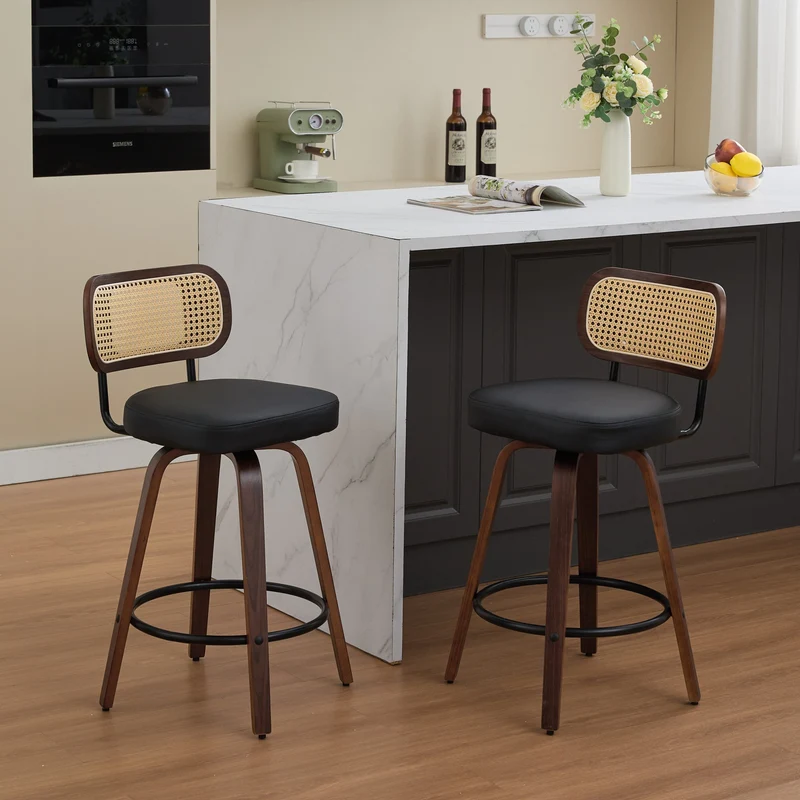 Lot de 2 tabourets de bar style vintage PU noir, dossier en rotin, pivotant et repose pied VIVIDIX