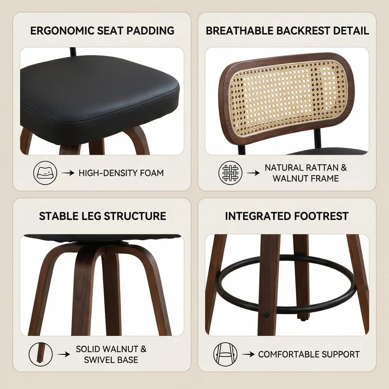 Lot de 2 tabourets de bar style vintage PU noir, dossier en rotin, pivotant et repose pied VIVIDIX