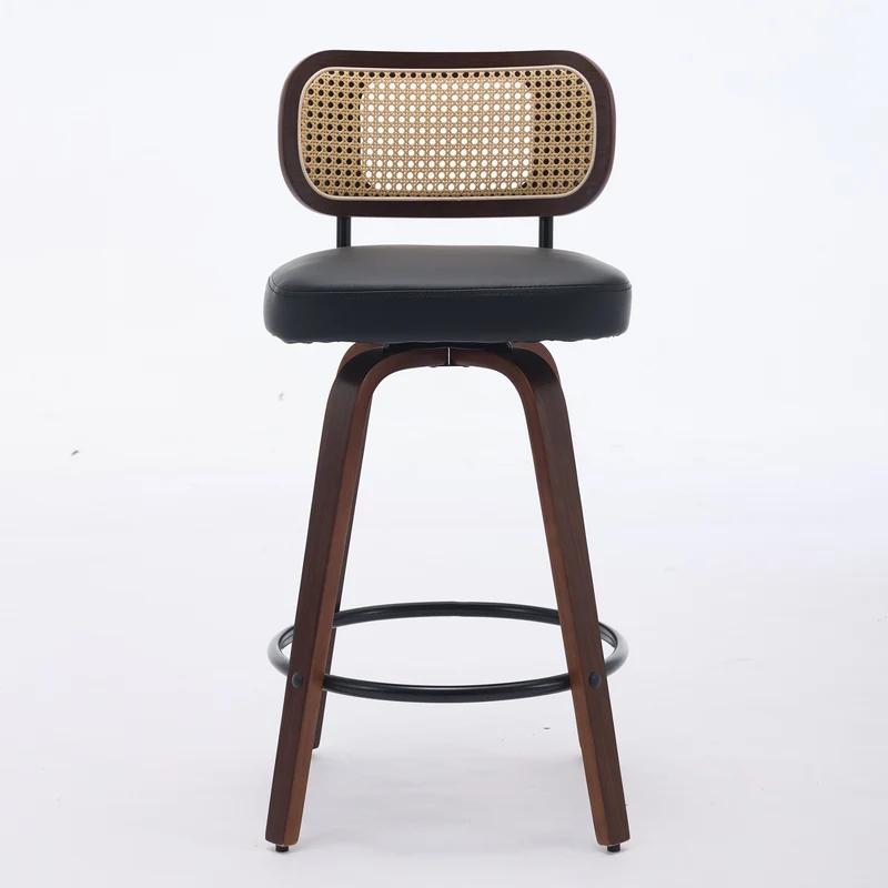 Lot de 2 tabourets de bar style vintage PU noir, dossier en rotin, pivotant et repose pied VIVIDIX