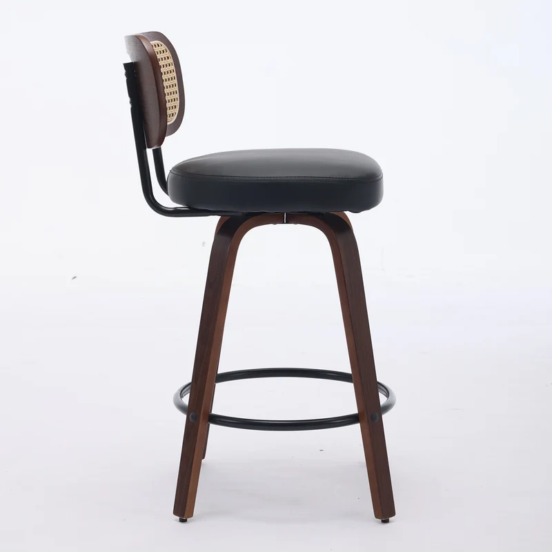 Lot de 2 tabourets de bar style vintage PU noir, dossier en rotin, pivotant et repose pied VIVIDIX