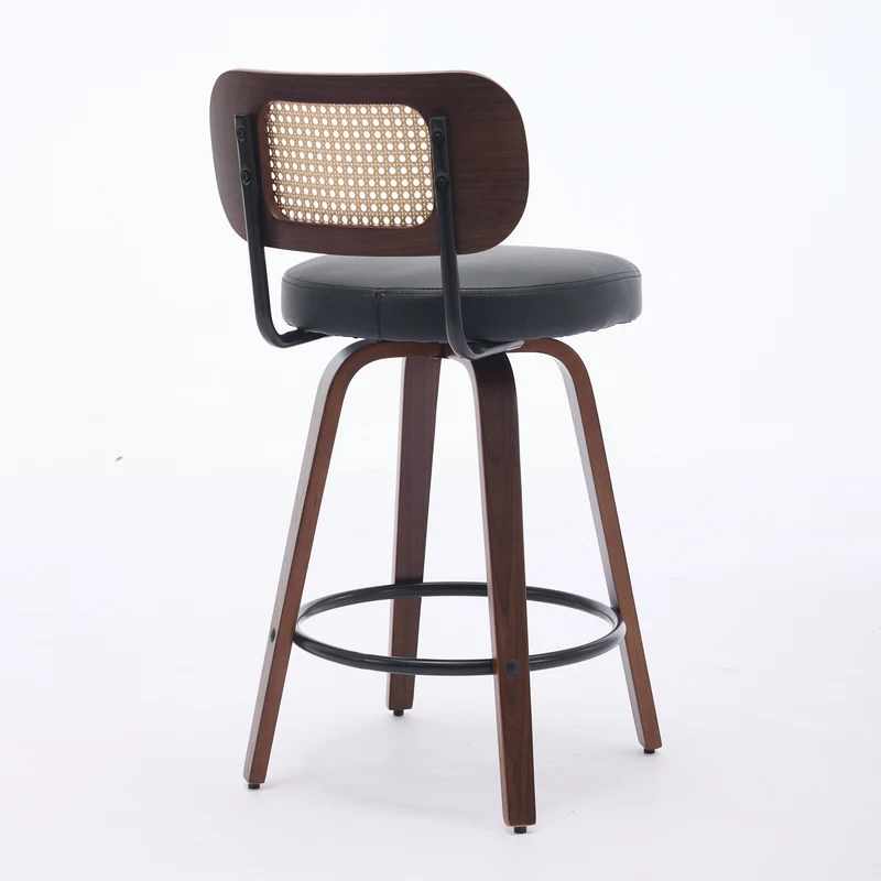 Lot de 2 tabourets de bar style vintage PU noir, dossier en rotin, pivotant et repose pied VIVIDIX