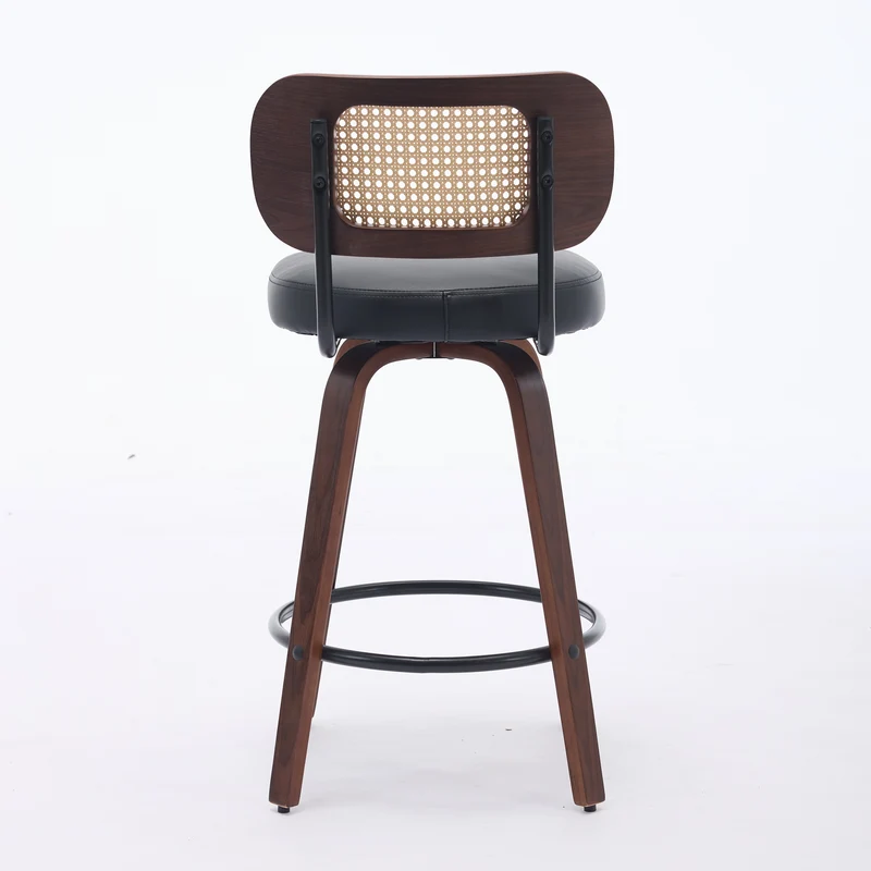 Lot de 2 tabourets de bar style vintage PU noir, dossier en rotin, pivotant et repose pied VIVIDIX