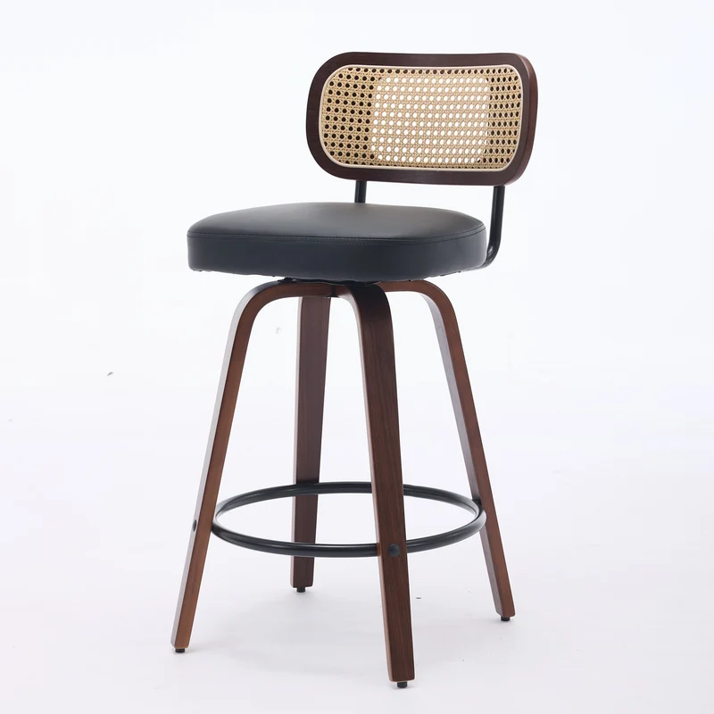 Lot de 2 tabourets de bar style vintage PU noir, dossier en rotin, pivotant et repose pied VIVIDIX