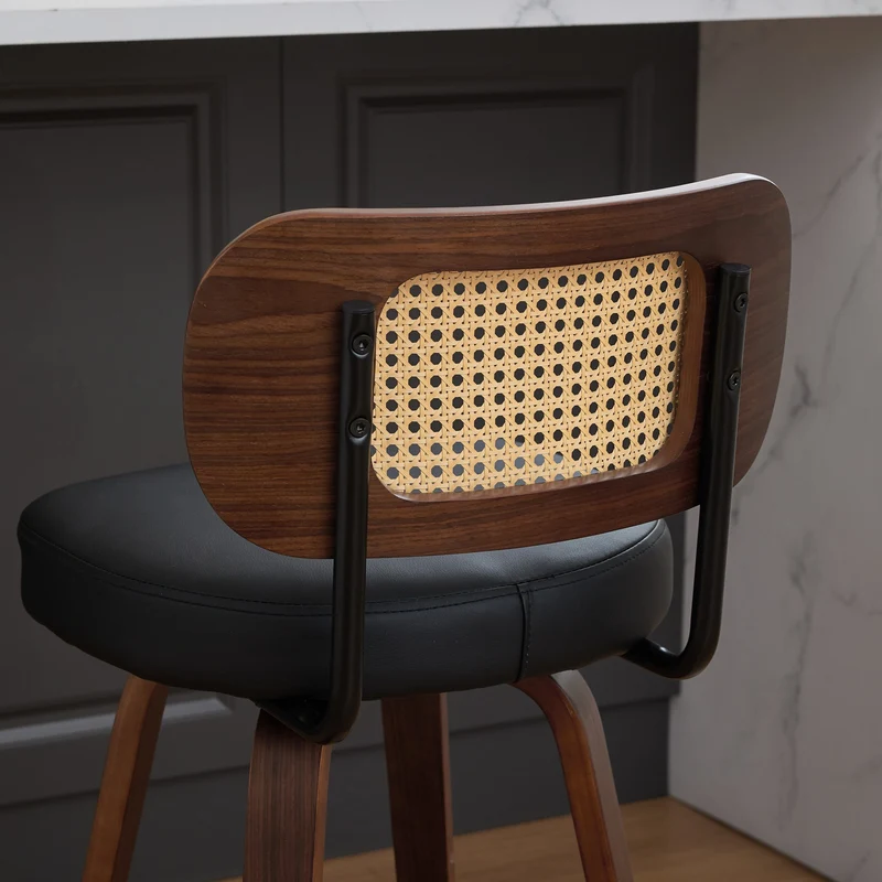 Lot de 2 tabourets de bar style vintage PU noir, dossier en rotin, pivotant et repose pied VIVIDIX