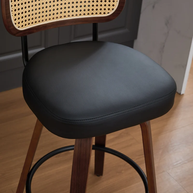 Lot de 2 tabourets de bar style vintage PU noir, dossier en rotin, pivotant et repose pied VIVIDIX