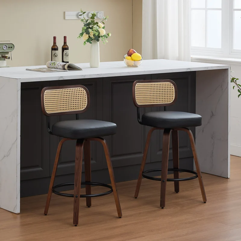 Lot de 2 tabourets de bar style vintage PU noir, dossier en rotin, pivotant et repose pied VIVIDIX